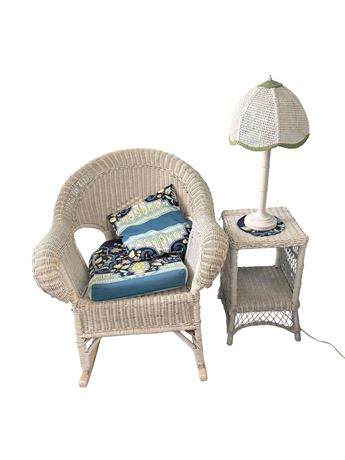 Wicker Rocker, Table and Lamp