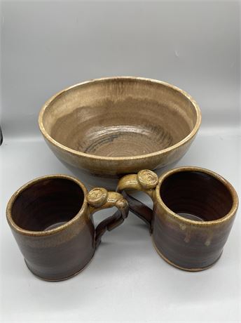 Signed Pottery Bowl & Mugs