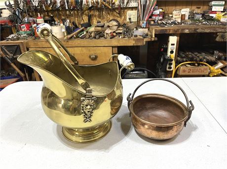 Brass Coal Scuttle and Copper Pot