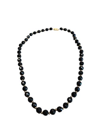 Black Glass Beaded Necklace w/ 10k Gold Clasp