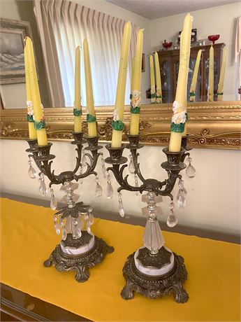 Brass, Marble and Crystal Candleabras