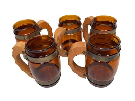 Five (5) 1960s Siesta Ware Amber Glass Barrel Mugs