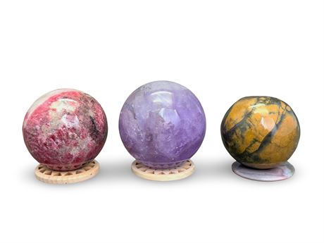 Natural Pink Rhodonite, Amethyst, Pietersite Spheres