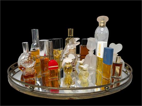 Vintage Perfume Bottles and Brass Mirror Tray