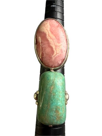 Pink Rhodochrosite and Green Turquoise Sterling Silver Rings