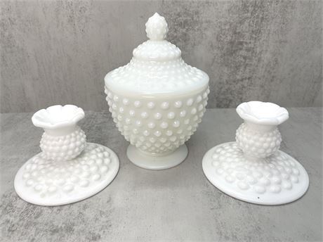 Hobnail Milk Glass Candy Dish and Candle Holders