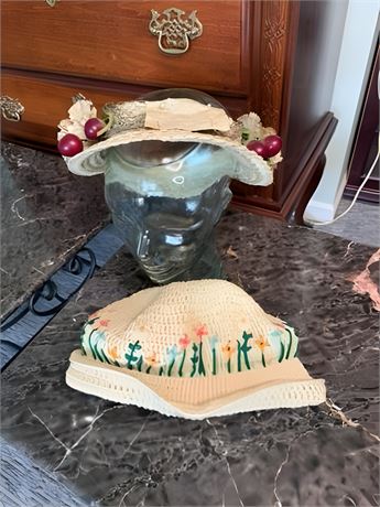 Glass Manequin Head w/ Two Handmade Hats