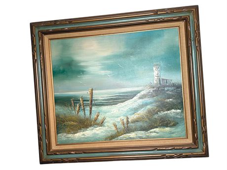 Lighthouse Oil Painting Signed Clement