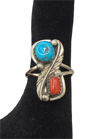 Navajo Sterling Silver Turquoise Coral Ring