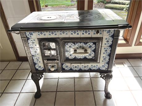 Antique European Tile Cast Iron Stove