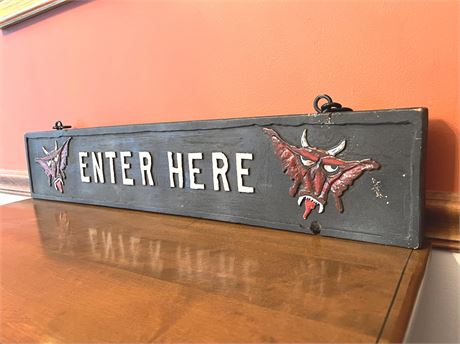 Carved Wood Devil "Enter Here" Sign