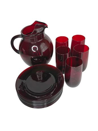 Ruby Red Glass Plates, Glasses, and Pitcher