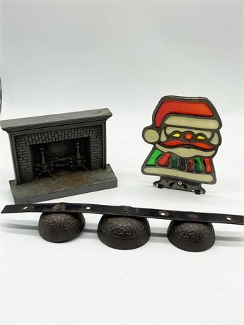 Santa, Metal Fireplace and Bells