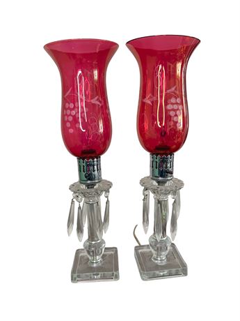 Victorian Cranberry Glass Hurricane Mantel Lamps Electrified