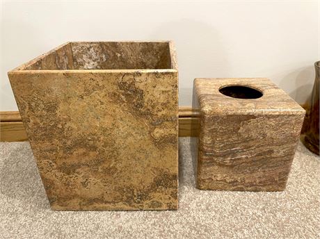 Travertine Waste Basket and Tissue Cover