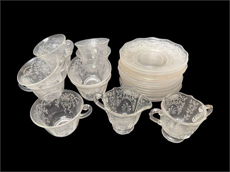 Fostoria Crystal Corsage Teacups, Saucers, Creamer, Sugar