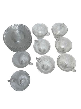 Eight (8) Fostoria Heather Pattern Etched Teacups and Saucers