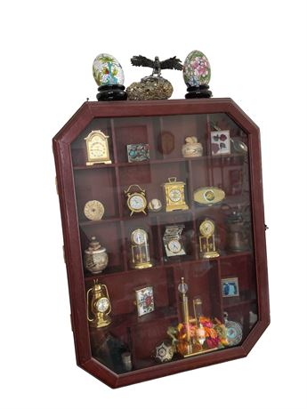 Wall Mounted Curio Cabinet with Clock and Other Knick Knacks