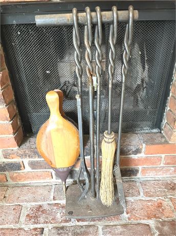 Twisted Wrought Iron Fireplace Tool Set w/ Bellows