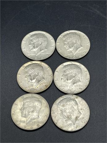 Six (6) 1969 Silver Kennedy Half Dollars