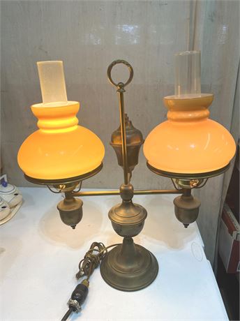 Double Amber Shade Brass Student Lamp