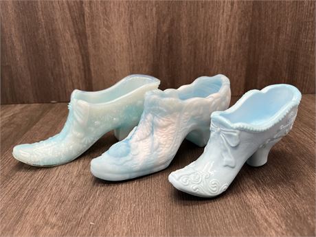 Three (3) Fenton Milk/Slag Glass Shoes