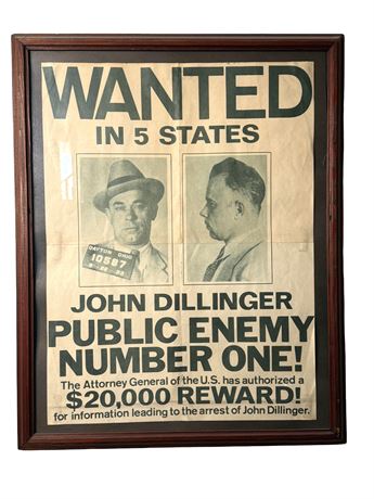Original Authentic Public Enemy No. 1 John Dillinger Wanted Poster