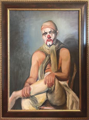 Large Vintage Clown Portrait Oil on Canvas Painting
