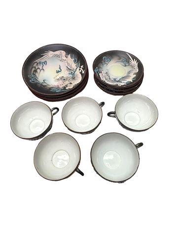 Moriage Japanese Satsuma Porcelain Plates, Teacups and Saucers