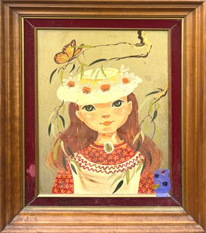 Mid Century Folk Art Big Eyed Girl Painting