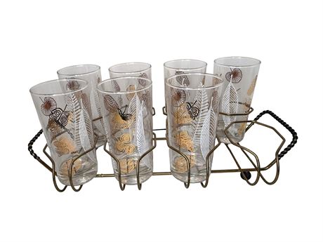 1950s Libbey Leaf Highball Glasses with Metal Caddy