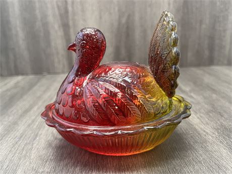 Red/Yellow Glass Turkey on Nest