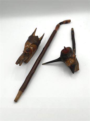 Hand Carved Wood Folk Art Pipe Heads w/ Pipe