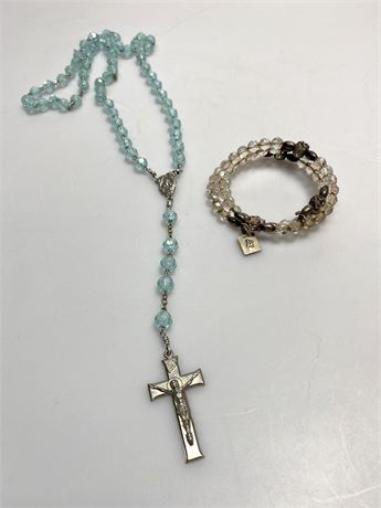 Religious Cross Necklace w/ Glass Bead Bracelet