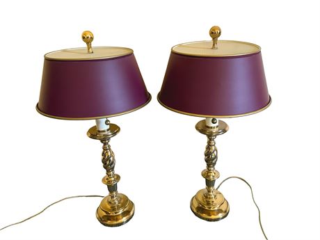 Vintage Matching Barley Twist Brass Table Lamps with Tole Metal Shades