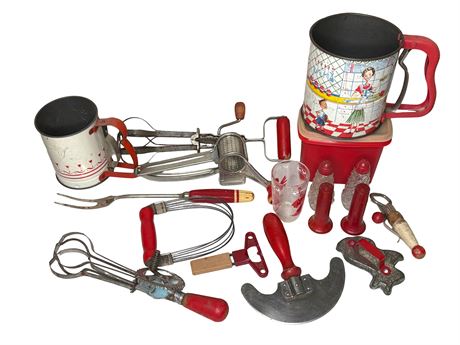 Vintage Red Kitchen Utensils and Decoratives