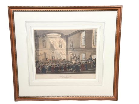 Antique Hand-Colored Aquatint Engraving "India House, The Sale Room"
