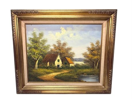 Original Cottage Painting Signed Lester w/ Wood Frame