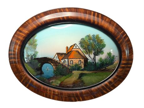 Antique Oval Reverse Oil Painted "Scotch Highlands" Scene