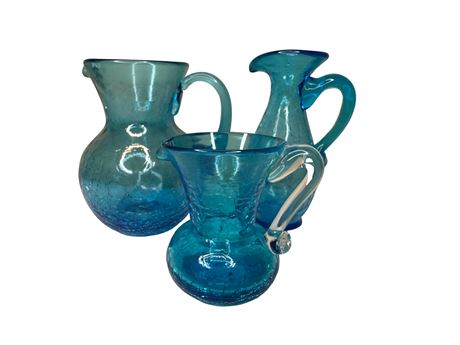 Blue Crackle Handblown Glass Pitchers