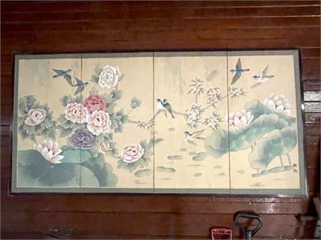 Large Japanese Four-Panel Hand Painted Screen
