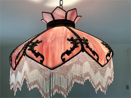 21" Meyda Tiffany Pink Glass Ceiling Shade w/ Glass Bead Fringe