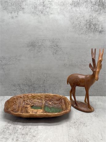 Hand Carved Wood Deer and Multi Prod Tray