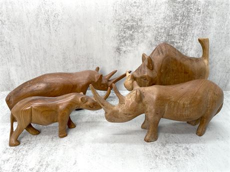 Hand Carved Wood Rhino Figurines