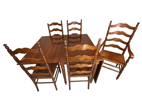 Midcentury Cherry Drop Leaf Gateleg Dining Table w/ Ladder Back Rush Seats