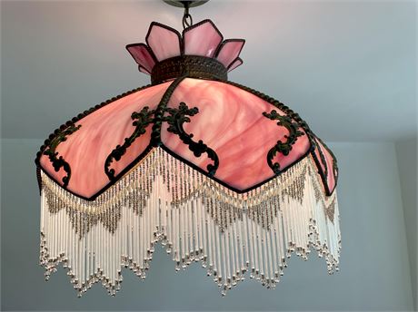 21" Meyda Tiffany Pink Glass Ceiling Shade w/ Glass Bead Fringe