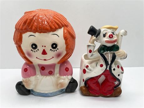 Clown and Raggedy Anne Head Vases