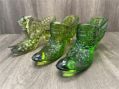 Three (3) Green Fenton Glass Shoes