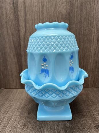 Westmoreland Hand Painted Blue Milk Glass Fairy Lamp