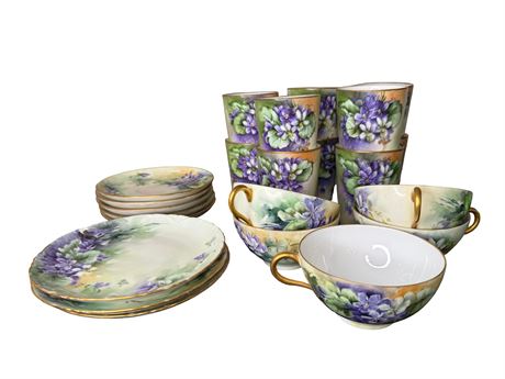 Hand Painted Purple Floral Cups, Teacups, Saucers, Dishes